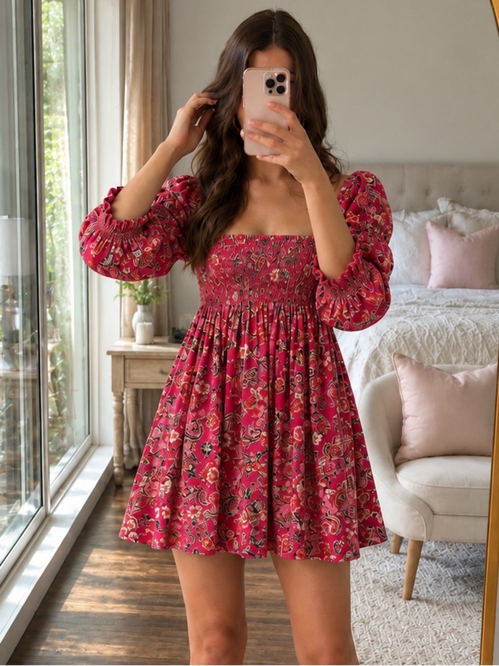 MISA Los Angeles Pink Floral Smocked Puff Sleeve Mini Dress XS